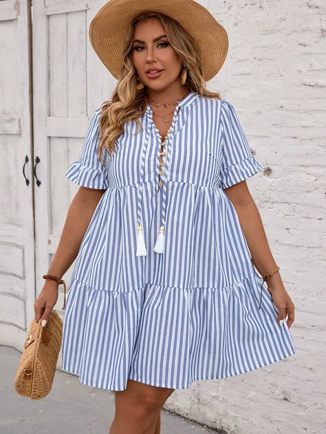 SHEIN VCAY Plus Size Holiday Summer Blue & White Striped Button Up Women Loose Casual Pocket DressI discovered amazing products on SHEIN.com, come check them out! Button Up Women, Plus Size Holiday, House Dresses, Plus Size Summer Outfit, Stripe Outfits, Holiday Summer, Plus Size Summer, Summer Blue, House Dress