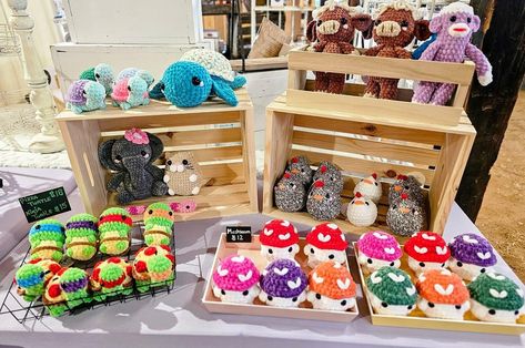 A couple weekends ago, I was apart of the #mintedvintagemarket2024 and it was amazing! We had so much fun and met so many awesome people!! ❤️ #crochet #amigurumi #amigurumis #crochet #handmade #smallbusinessbigdreams #crocheting #crochetersofinstagram #crochetaddict #plushie #plush #plushiesofinstagram #fiberartist #kawaiiart #kawaiicrochet #vendormarket #vendorevent #vintagemarket #crochetvendor #crochetmarket Crochet Craft Table Display, Crochet Market Table Set Up, Market Prep Crochet, Crochet Craft Fair Ideas Booth Displays, Crochet Display Ideas, Crochet Market Display, Crochet Vendor Display, Crochet Market Setup, Crochet Display