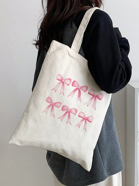 Cute Totes, Tote Bag Inspo Paint, Pink Tote Bag, Bag Painting, Paint Tote Bag, Hand Painted Tote Bags, Bow Tote Bag, Canvas Tote Bag Design, Daily Use Tote Bag With Bow