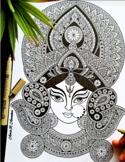 Ma Durga Mandala Art, Durga Mandala Art, Mandala Arts, Devi Maa, Ma Durga, Wall Layout, Easy Mandala, Ornamental Design, Easy Mandala Drawing