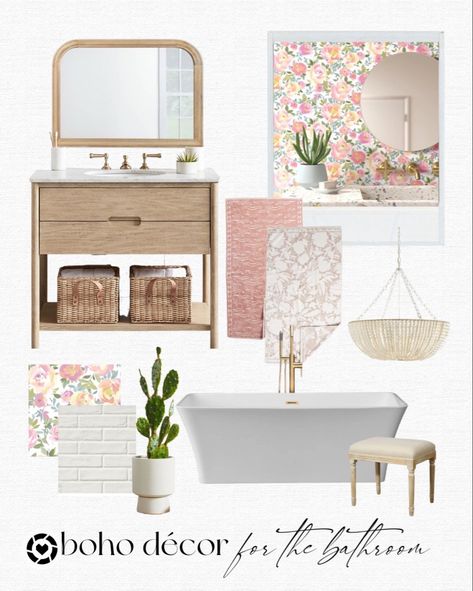 Preppy Moodboard, Girl Bathroom Ideas, Teen Girl Bathroom, Bathroom Design Board, Boho Bathroom Design, Modern Boho Bathroom, Girl Bathroom, Girl Bathrooms, Bathroom Themes