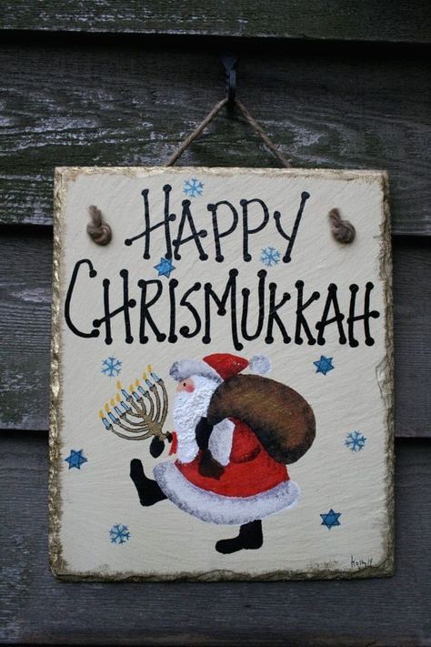 Hannukah Decorations, Jewish Christmas, Jewish Stuff, Hanukkah Crafts, Hanukkah Food, Painted Santa, Chanukah Party, Slate Wall, Painted Slate