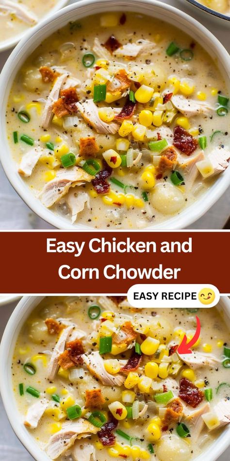 Discover a comforting twist on classic chicken soup with this hearty Chicken and Corn Chowder recipe. Packed with tender chicken, sweet corn, and creamy potatoes in a flavorful broth, it's perfect for chilly nights. Easy to make in one pot, this family-friendly soup is sure to satisfy. Serve topped with crispy bacon and fresh scallions for a delicious dinner everyone will love! Chicken Bacon Chowder, Chicken Potato Corn Chowder Soup, Creamy Chicken Chowder Soup, Chicken Potatoes Soup, Chicken Potato Soup Recipes, Chicken Corn Chowder Crock Pot, The Cozy Cook Recipes, Easy Chicken Corn Chowder, Potato And Chicken Soup