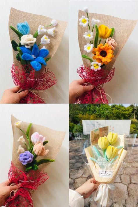 Petite flower bouquets for party guests, game winners, wedding guests Piping Flowers, Diy Bouquet Wrap, Pipe Cleaner Flowers, Luxury Flower Bouquets, Halloween Paper Crafts, Flower Bouquet Diy, Diy Pipe, Door Wreaths Diy, Diy Gift Set