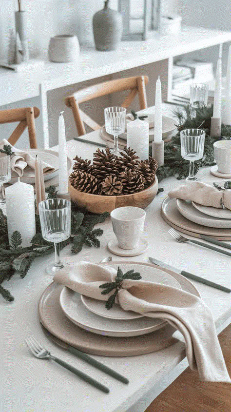 White Christmas Decor Table, White Christmas Dinner Table Decor, Easy Christmas Table Settings Ideas, Christmas Dinner Table Settings Simple, White And Gold Christmas Table, Simple Christmas Table Settings, Christmas Table Deco, Christmas Dinner Set, Angel Topper