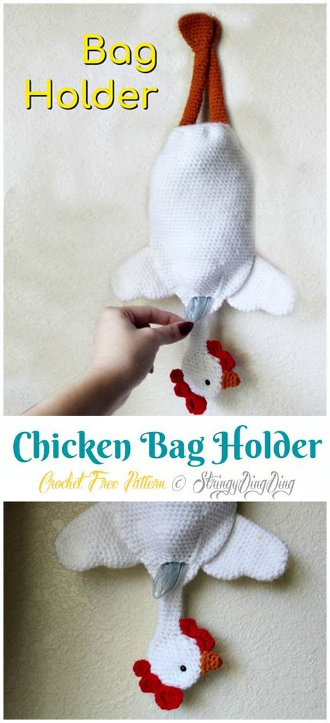 Chicken Bag Holder Crochet Free Pattern - Grocery Bag #Keeper; Holder Free #Crochet; Patterns Bag Holder Crochet, Crochet Bag Holder, Chicken Bag, Crochet Grocery Bag, Bag Holder Pattern, Plastic Bag Crochet, Chicken Crochet, Crochet Organizer, Plastic Bag Holder