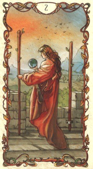 Tarot Mucha 2 Of Wands, Tarot Mucha, Alfons Maria Mucha, Two Of Wands, All Tarot Cards, Wands Tarot, Art Deco Paintings, Mucha Art, Alfons Mucha