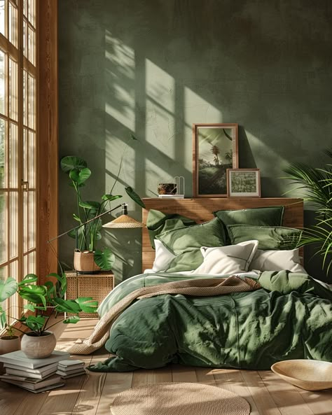 Click for More ➡️ | Save for Later ❤️  Hey lovelies! 💕 Transform your bedroom into a peaceful retreat with these stunning green bedroom ideas! From soothing pastels to rich emerald accents, discover how to use green for a fresh, relaxing space.   Get inspired with our design tips and decoration tricks. Visit our website for more amazing ideas and create your dream bedroom today! 🌿✨   #GreenBedroom #HomeDecor #BedroomDesign #InteriorDesign #DecorInspo #GreenLiving  17. Modern Cozy green bedroom idea for home decoration and wall paint inspiration Home Aesthetic Color, Forest Green Minimalist Bedroom, Light Green Apartment, Green Bedroom Small Space, Green Bedroom Decoration, Interior Design Green Bedroom, Bedroom Green Inspiration, Fern Green Bedroom Ideas, Tranquility Bedroom Ideas