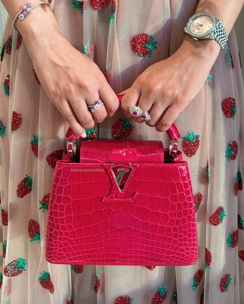 Strawberry dress by Lirika Matoshi with matching pink strawberry nails and a hot pink Louis Vuitton Crocodile Capucines 🍓❤️ ✨ . . . . #Strawberrydress #lv #louisvuittoncapucines #louisvuitton #nailart #strawberrynails #crocodilecapucines Hot Pink Louis Vuitton, Pink Strawberry Nails, Pink Louis Vuitton, Strawberry Nails, Berry Nails, Lirika Matoshi, Sac Louis Vuitton, Strawberry Dress, Louis Vuitton Capucines