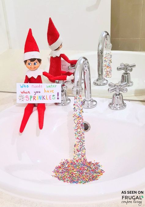 Create a magical sprinkle sink scene with this fun idea for The Elf on the Shelf! Surprise your kids with a faucet that "pours" sprinkles instead of water in this festive holiday setup. New Ideas for The Elf on the Shelf and free Christmas printbles. Elf On The Shelf Costume, Elf On The Shelf Funny, Elf On The Shelves, Printable Elf On The Shelf, Elf Printables, Funny Elf On The Shelf, Awesome Elf On The Shelf Ideas, Elf Fun, Hosting Christmas