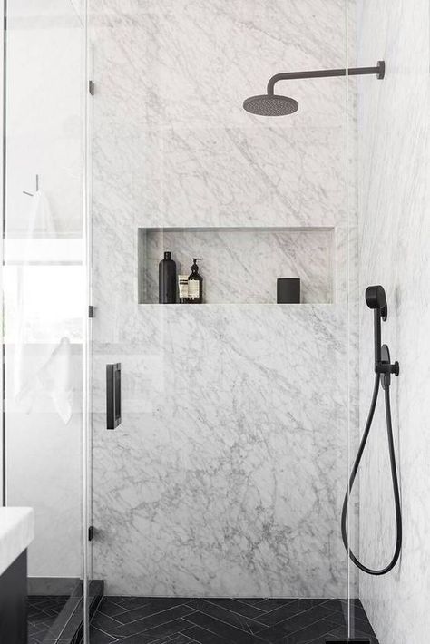 Top 5 Ways to Use Matte Black Fixtures in Your Home - DianneDecor.com Marble Walls, Dekorere Bad, Kitchen Ikea, Interior Design Minimalist, Marble Showers, Bad Inspiration, Hus Inspiration, House Bathroom, Decor Minimalist