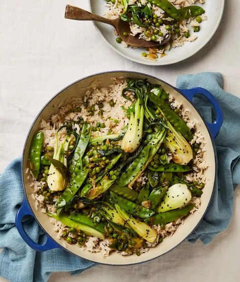 Meera Sodha's vegan recipe for green tea rice with sake vegetables | Vegan food and drink | The Guardian Green Tea Rice, Rice With Vegetables, Tea Rice, Meera Sodha, Vegetables And Rice, Vegetable Risotto, Spring Dishes, Go Girl, Steamed Vegetables