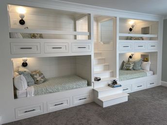 Beautiful Big Bedrooms, Kids 3 Beds Room, Bed For 4 Kids, Built In 4 Bunk Beds With Stairs, Built In Beds For Kids Small Room, 4 Bed Bunk Bed, 3 Beds In One Room, Bedroom For 4 Kids, 3 Kid Bedroom