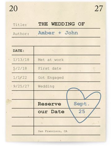 A fun take on a library reservation card. Perfect for book lovers and anyone wanting something a little nostalgic. Book Lovers Wedding, Save The Date Postcards, Save The Date Magnets, Date Cards, Save The Dates, First Date, Wedding Saving, Save The Date Cards, Vintage Postcards