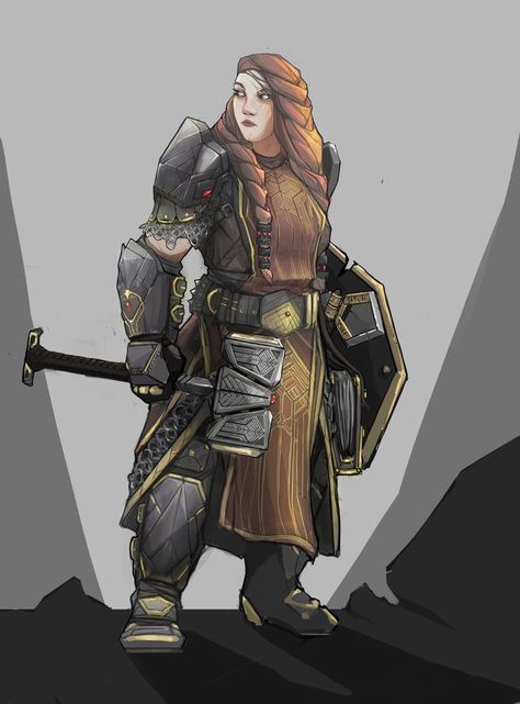 female human fighter with hinged shield and hammer character ideas for Dnd / Pathfinder Pathfinder Character, Dungeons And Dragons Characters, Fantasy Armor, Fantasy Warrior, Fantasy Rpg, Fantasy Inspiration, The Goddess, Dnd Characters, Sci Fi Art