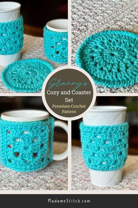 Show your favorite coffee mug all the love and keep your coffee piping hot whether you’re at home or out and about. Granny’s Cozy and Coaster Set includes a mug hug with loops for a snug fit around your coffee mug. Or, slip the cup cozy on your travel cup to protect your fingers from the heat. Then, keep those delicate tabletop surfaces free from damage with the matching coaster. The crochet pattern for the mug hug is free on the blog. The premium PDF includes the entire set. #grannysquaresrock Mug Hugger Crochet Pattern, Free Crochet Coffee Cozy, Crochet Mug Cozy Free Pattern Coffee & Tea Cups, Mug Hugs Crochet Free Pattern, Crochet Mug Coasters Free Pattern, Coffee Cup Sleeve Crochet Pattern, Mug Crochet Pattern, Cup Cozies Crochet, Crochet Cup Cover Free Pattern