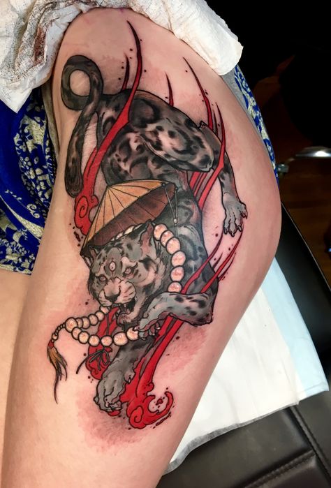 Neo Japanese Tattoo, Snow Leopard Tattoo, Neo Japanese, Japanese Tattoo Women, Leopard Tattoo, Japanese Tattoos For Men, Tato Tradisional, Leopard Tattoos, Elements Tattoo