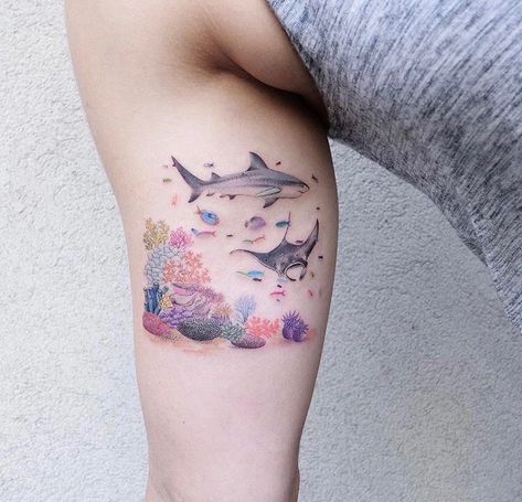 Coral Tattoo, Ocean Theme Tattoos, Sea Life Tattoos, Animal Tattoos For Women, Handpoke Tattoo, Summer Tattoo, Ocean Tattoos, Theme Tattoo, Shark Tattoos