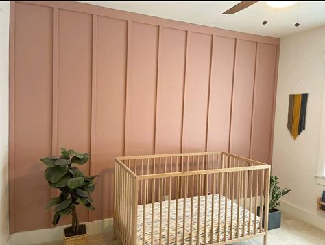 Pink Batten Wall, Board And Batten Wall With Shelves, Vertical Board And Batten Wall Nursery, Batten Board Designs, Boho Nursery Board And Batten, Board And Batten Full Wall Nursery, Full Batten Board Walls, Board And Batten Pink Wall, Square Board And Batten Wall Bedroom