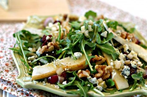 Pear, Walnut, Blue Cheese, and Arugula Salad Blue Cheese Salad Recipes, Pear Blue Cheese, Apple Cranberry Salad, Luncheon Menu, Blue Cheese Salad, Homemade Apple Cider, Cranberry Salad, Ladies Luncheon, Pear Salad