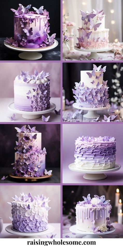 Purple butterfly cake inspirations that will leave you inspired! Purple Floral Cake, Floral Cake Ideas, Purple Butterfly Party, Butterfly Theme Cake, Purple Butterfly Cake, Lila Party, Sweet Sixteen Cakes, Purple Cakes Birthday, Purple Birthday Party