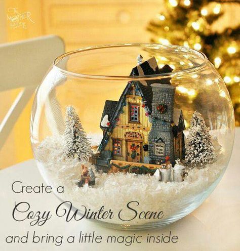 Fishbowl Christmas Scene Diy Snow Globe, Miniature Houses, Winter Scene, Christmas Scene, Noel Christmas, Magical Christmas, Christmas Centerpieces, Snow Globe, Christmas Deco