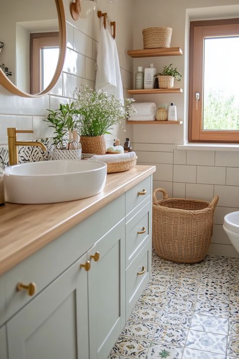 Adding Boho Decor to Your Bathroom Can Make It Much More Relaxing – Everyday Inspo Farmhouse Apartment Aesthetic, Bathroom Decor Inspo Aesthetic, Boho Chic Restroom, Natural Boho Bathroom Ideas, Bathroom Relaxing Decor, Warm Cozy Bathroom Ideas, Minimalist Boho Bathroom, Boho House Aesthetic, Calm Bathroom Ideas