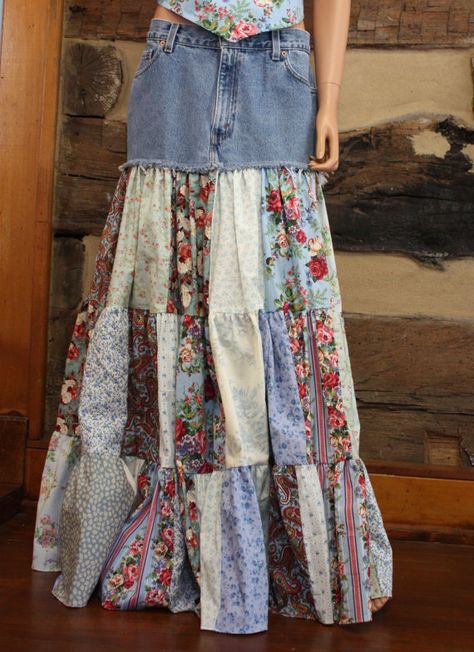 Upcycled Denim Skirt Hippie Patchwork Skirt Long by Sweetbriers Upcycled Denim Skirt, Upcycle Denim, Mode Hippie, Jean Skirts, Afrikaanse Mode, Hippie Skirts, Altered Clothing, Repurposed Clothing, Upcycled Clothes