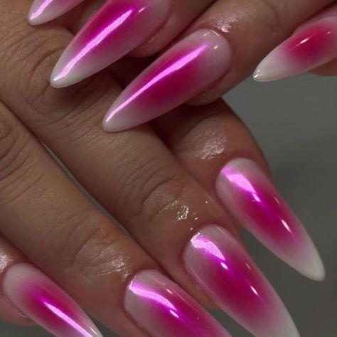 Hot Pink To Light Pink Nails, Hot Pink Gel X Nails, Pink And Purple Ombre Acrylic Nails, Glazed Aura Nails, Hot Pink Junk Nails, Each Hand Different Nail Color, Medium Summer Nails, Neon Pink Almond Nails, Ombre Nails Pink And White