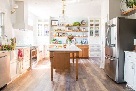 Modern White Bohemian Kitchen Renovation: Reveal - Casa Watkins Living Bohemian Kitchen Island, Top Of Fridge Storage, Top Of Fridge Storage Ideas, Fridge Storage Ideas, Top Of Fridge, Builder Grade Kitchen, Kitchen Shapes, Extra Kitchen Storage, Yellow Cabinets