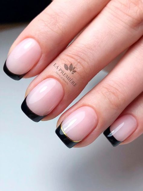 50+ Cute French Tip Nails That Put A Modern Twist On The Classic Black French Tip Nails With Gold, Black Tip French Nails, French Manicure With Black Tips, Black And Gold French Tip Nails, Black Tipped Nails, Black Tip French Manicure, French Manicure With Accent Nail, French Manicure Black, Trendy French Tip Nails