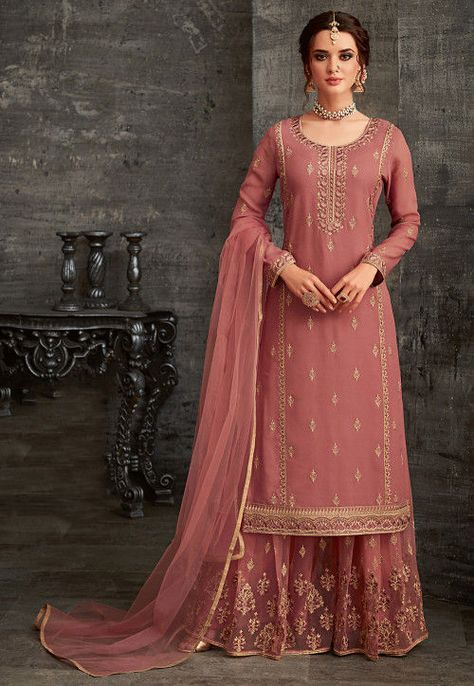 Embroidered Georgette Pakistani Suit in Dusty Pink Pakistani Sharara Suit, Sangeet Function, Pakistani Sharara, Palazzo Suit, Sharara Suit, Designer Salwar, Salwar Kamiz, Indian Suits, Net Dupatta