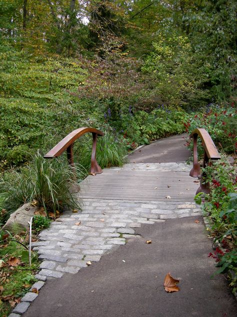 bridge in Pond Garden, Chanticleer w/ interesting transitions from gravel to cobble-brick to wood bridge w/ carved wood railing Plants For Shade, Pond Garden, Shade Gardens, Wood Railing, Bryn Mawr, Unusual Plants, Shade Plants, Wood Bridge, Shade Garden