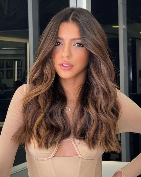 Brunette Balayage Hair For Fair Skin, Fallayage Brunette, Almond Brunette Hair, Brunette Summer Hair Color 2020, Warm Tone Brunette Balayage, Balayage 2023 Trends, How To Style Brown Top, Golden Balayage Brunettes, Brunnet Hair Balayage