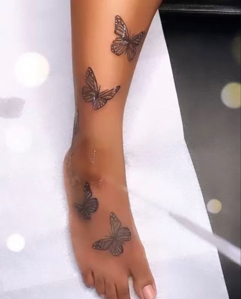 Foot Tattoos For Women Butterfly, Butterfly Tattoo On Leg For Women, Ankle Tattoo Black Women, Ankle Tattoo Butterfly, Foot Butterfly Tattoo, Women Ankle Tattoos, Cute Feet Tattoos, Leg Butterfly Tattoo, Ankle Butterfly Tattoo