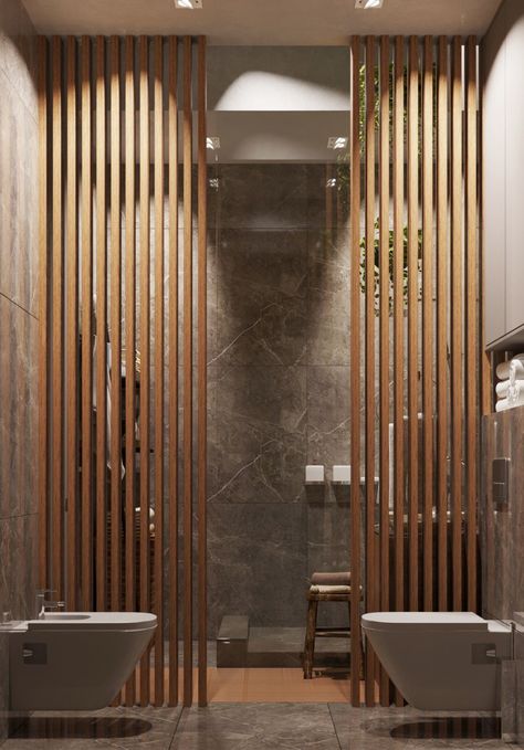 Wood Bathroom Partitions, Hiding Plumbing Pipes On Wall, Bathroom Divider, Wall Dividers, Japandi Home, Bathroom Design Inspiration, Divider Wall, Bathroom Design Luxury, Wooden Planks