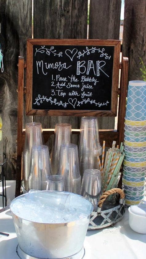 Bridal Shower Drink Menu Ideas, Mimosa Bar Chalkboard Sign, Outdoor Mimosa Bar, Mimosa Bar Set Up, Mimosa Bar Ideas Brunch Party, Mimosa Bar Ideas, Bridal Shower Chalkboard, Bridal Shower Drinks, Wedding Shower Brunch