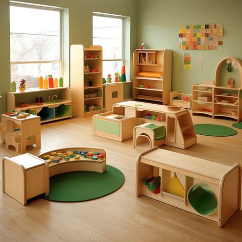 Montessori-Inspired Toddler Room Decor Childcare Interior Design, Montessori Classroom Layout, Montessori Preschool Classroom, School Furniture Classroom, Daycare Room Design, Preschool Classroom Layout, Rocking Bed, Bed Montessori, Daycare Spaces