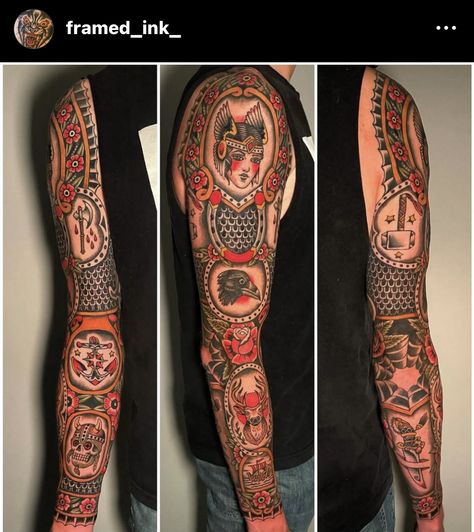 Framed Traditional Tattoo, Trad Sleeve, American Traditional Sleeve, Sleeve Inspiration, Traditional Tattoo Inspiration, Band Tattoos, Framed Tattoo, Traditional Sleeve, Traditional Tattoo Sleeve