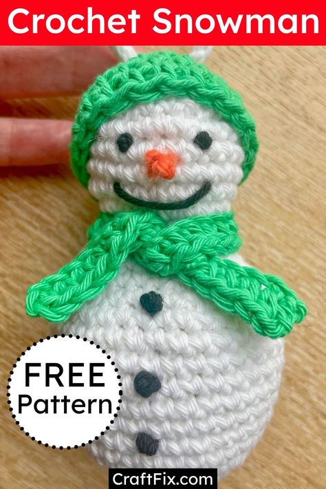 Free crochet pattern for a snowman with hat and scarf hanging ornament Snowman Crochet Ornament, Crochet Snowman Applique Free Pattern, Crochet Snowman Applique, Crochet Snowman Ornament, Snowman Amigurumi Pattern Free, Crocheted Snowman Pattern Free, Crochet Snowman Free Pattern, Crochet Ornaments Free Pattern, Ornament Crochet Pattern