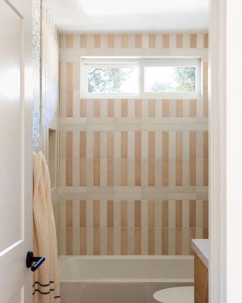 All Posts • Instagram Stripe Bathroom Tile, Striped Tile Shower Walls, Striped Shower Tile, Pink Shiplap, Black Herringbone Floor, Pear Wallpaper, Shiplap Trim, Pink Laundry Rooms, Morris And Co