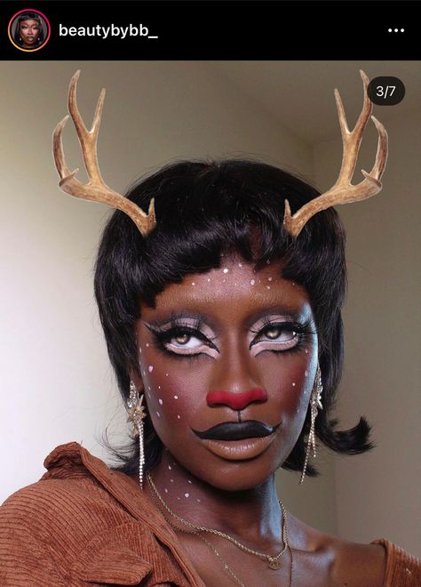 Dark Deer Makeup, Goat Makeup Halloween, Bird Costume Makeup, Reindeer Halloween Makeup, Christmas Drag Makeup, Beaver Makeup, Werewolf Makeup Female, Fox Makeup Look, Donkey Makeup