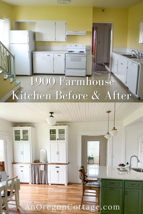 You'll love this kitchen before and after - we restored the farmhouse character while adding function and space to entertain, all mostly DIY and on a budget. Old Farmhouse Remodel On A Budget, 1900 Farmhouse, Canned Salsa Recipes, Before And After Renovation, Before And After Transformation, Enclosed Porch, Renovation Kitchen, Old Home Remodel, Farmhouse Renovation