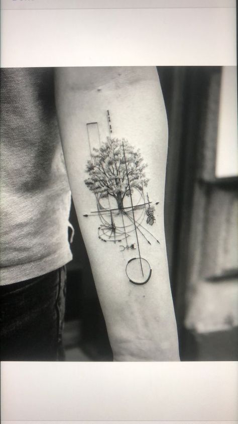 Realistic Tree Tattoo, Tree Line Tattoo, Geometric Tattoo Tree, Tech Tattoo, Sacred Tattoo, Landscape Tattoo, Geometry Tattoo, Geometric Tattoo Design, Geometric Tattoos