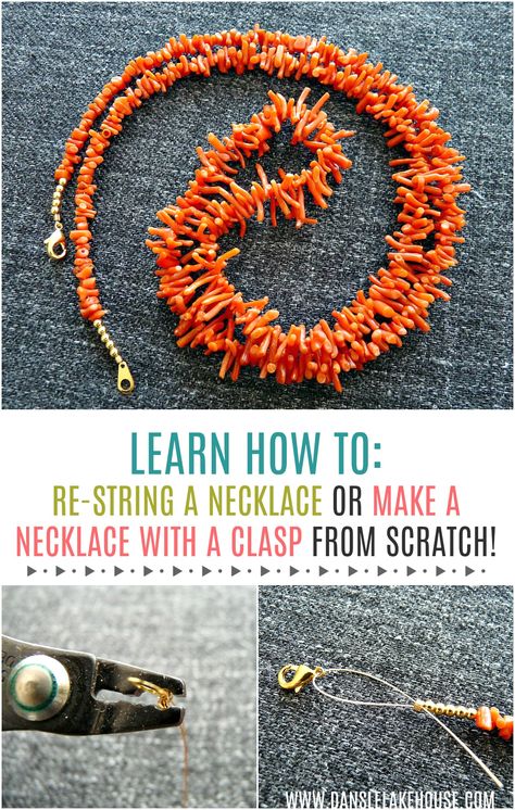 How to Re-String a Necklace or Make a Necklace with a Clasp from Scratch How To Make A Necklace, String Necklace Diy, Jewelry Making Tutorial, Diy Necklace Making, Gold Bracelets Stacked, Beaded Necklace Tutorial, Make A Necklace, Homemade Earrings, Jewelry Editorial