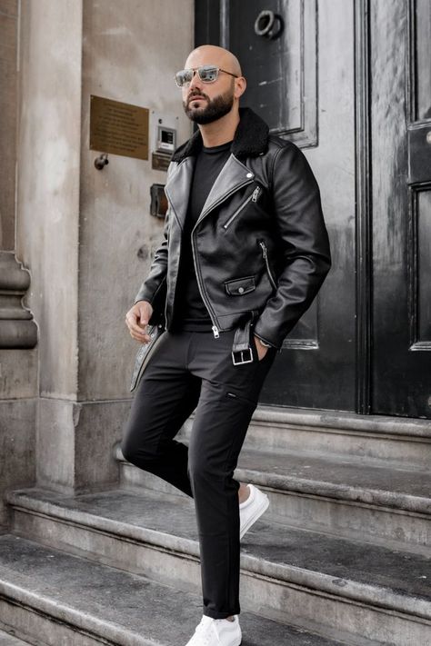 White Leather Jacket Outfit, Dapper Gentleman Style, Leather Jacket Outfit Men, Black Leather Jacket Men, Stylish Leather Jacket, 90s Fashion Men, Biker Jacket Men, Stylish Mens Fashion, Leather Jacket Style