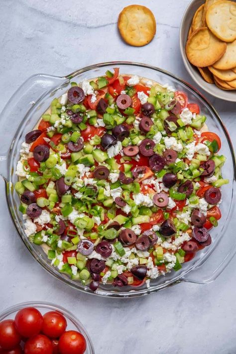 7 Layer Mediterranean Dip Mediterranean Dip Recipes, Mediterranean Dip, Mediterranean Appetizers, Chickpea Fritters, Mediterranean Spices, Layer Dip, Homemade Hummus, 7 Layer, Mediterranean Dishes