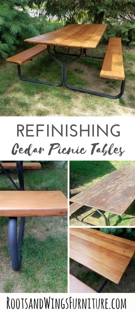 This old cedar picnic table had seen better days.  Furniture refinishing to the rescue.  Sealed with General Finishes Exterior 450 for a gorgeous finish.  Read the blog for tricks on refinishing tables indoor and out!     #rootsandwingsfurniture #cedarpicnictable #picnictable #furniturerefinishing #furniturerestoration #howto #diy #cedar #outdoorfurniture #exterior450 #generalfinishes Update Picnic Table, Repurposed Picnic Table, Backyard Vibes, Metal Picnic Tables, Refinished Table, Abandoned Farmhouse, Cedar Table, Diy Picnic Table, Cedar Furniture