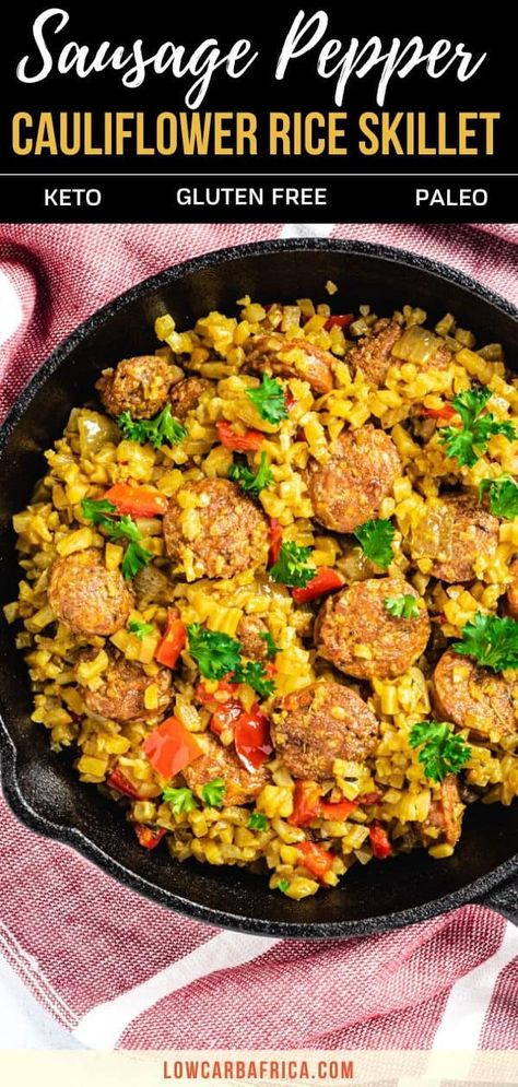 This sausage pepper cauliflower rice skillet is an incredibly easy and super tasty cauliflower rice recipe that is ready in no time! This recipe is perfect for lunch or dinner and is paleo, gluten-free, low carb and keto. | LowCarbAfrica.com rn Cauliflower Rice Skillet, Tasty Cauliflower, Cauliflower Rice Recipe, Rice Skillet, Cauliflower Rice Recipes, Quick Food, Cauliflower Fried Rice, Low Carb Vegetables, Keto Recipes Dinner