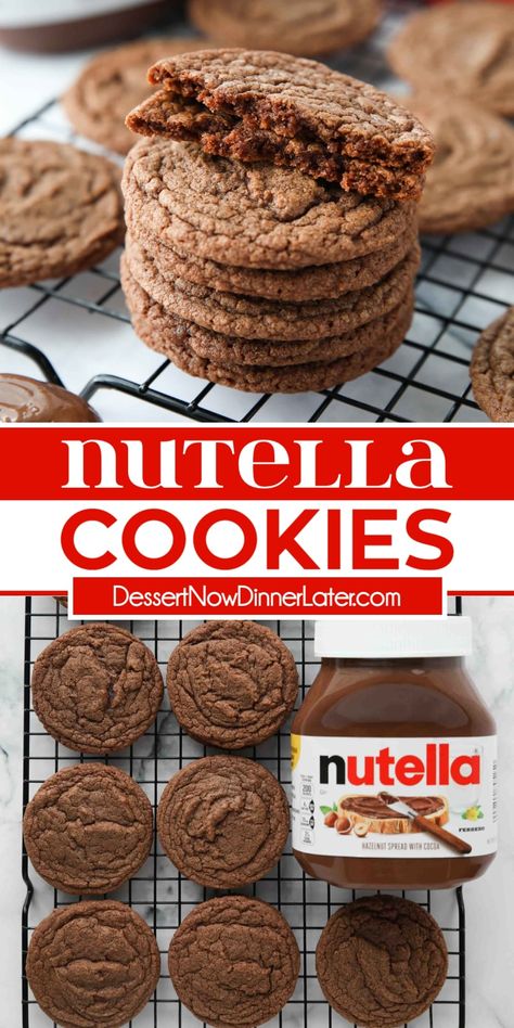 This Nutella Cookies recipe creates moist, brownie-like cookies with a crisp exterior and soft, fudgy interior. Made with plenty of Nutella for that decadent chocolate and hazelnut and flavor. Nutella Crinkle Cookies, Vegan Nutella Cookies, Nutella Baked Goods, Desserts With Nutella Easy, Cookie Recipes Nutella, Nutella Desserts Easy Quick, Nutella Recipes Cookies, Nutella Cookie Recipes, Easy Nutella Cookies